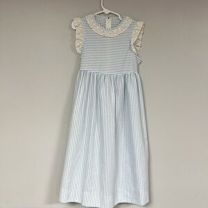 Super Cute Petite Gamine Girls Blue & White Seersucker Lace Collar Dress,  8 EUC